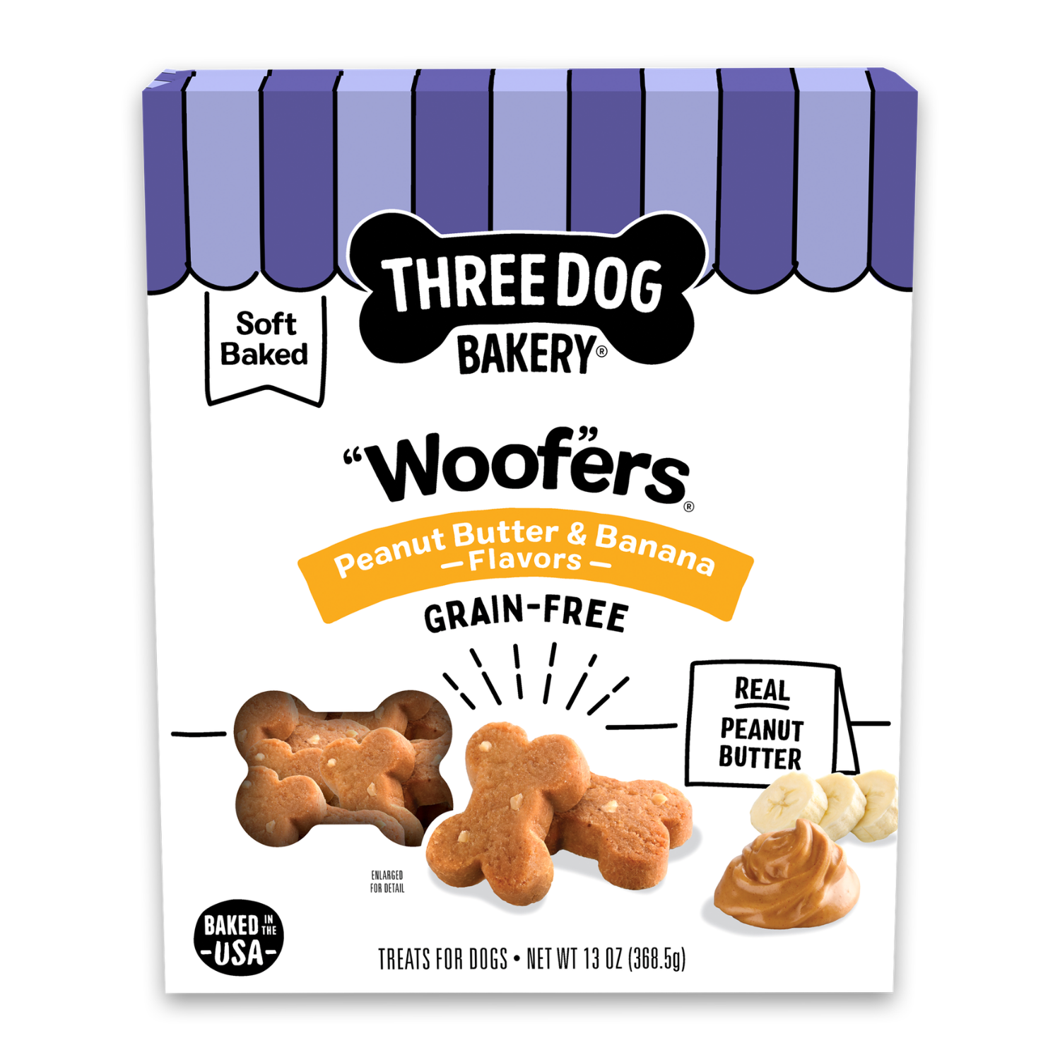 Three Dog Bakery Soft Baked Woofers Grain Free Peanut Butter & Banana Flavor Dog Treats, 13-Oz